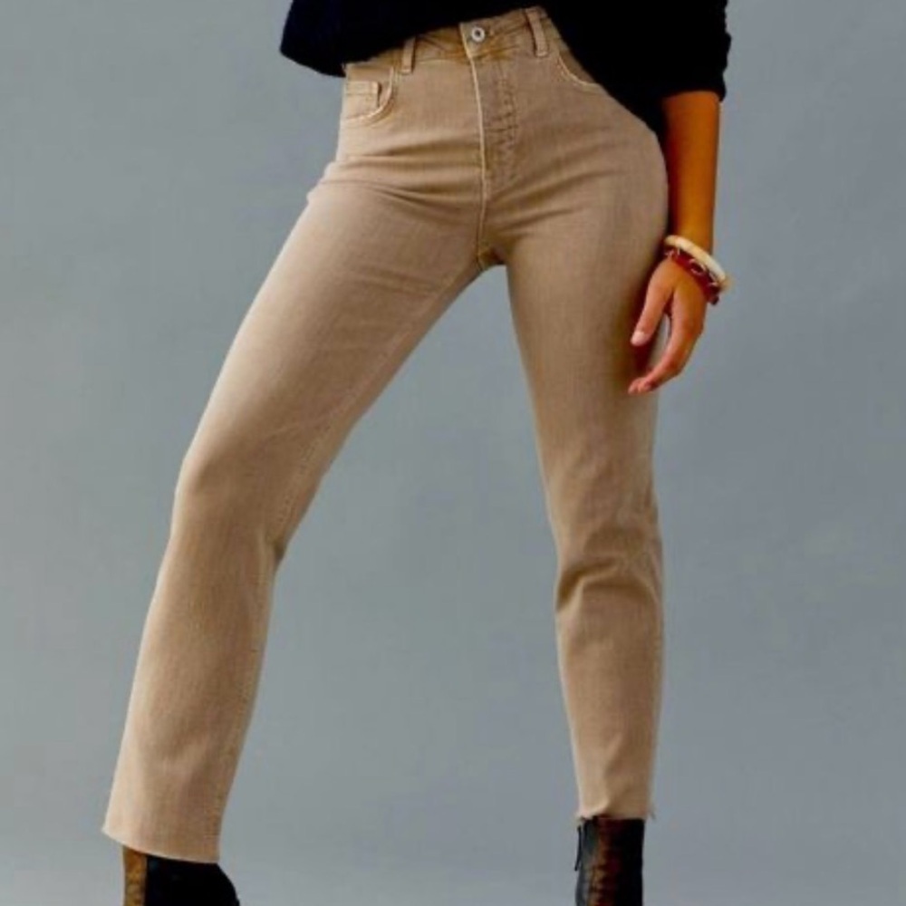 PILCRO ANTHROPOLOGIE THE VINTAGE STRAIGHT TAN FRAY HEM JEANS WOMENS SZ 27